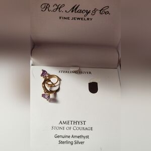 MACY'S, GENIUINE AMETHYST HEART HOOP EARRINGS, 1 PAIR, DANGLE, GOLD SS PLATED
